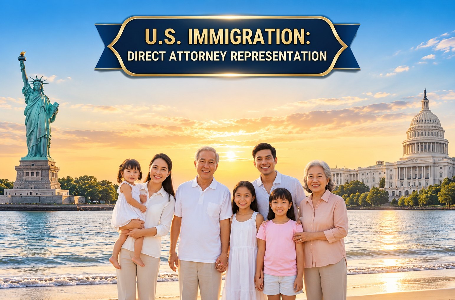 U.S. Immigration: Direct Attorney Representation. A smiling Vietnamese family of three generations on a beach at sunset, with the Statue of Liberty and the U.S. Capitol behind them